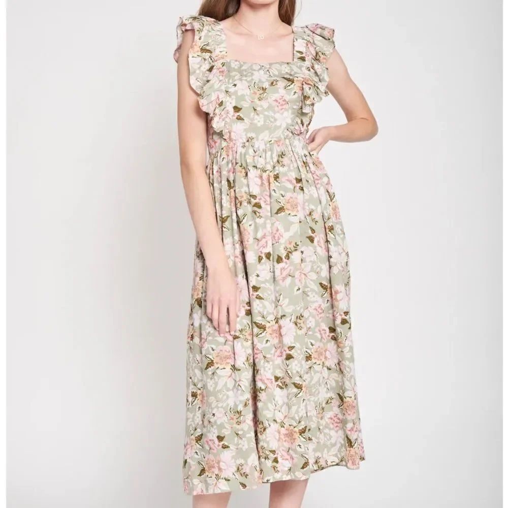 En saison maris floral A-Line Cotton Blend Cutout dress in Sage Large MSRP $112